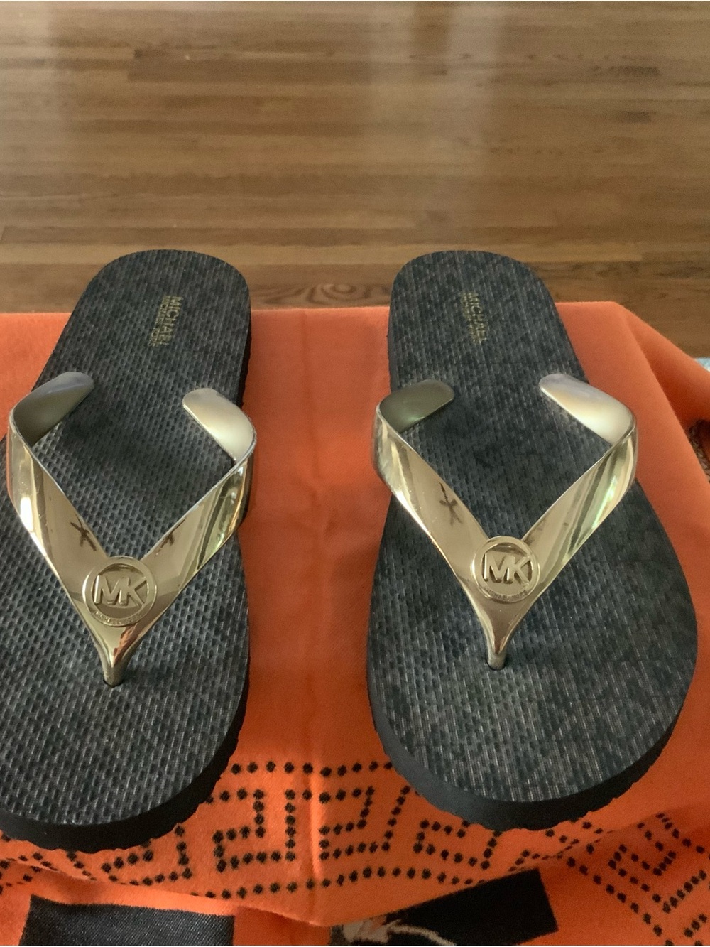 Michael Kors Gold Strap Black Footbed Flip Flop Sandals